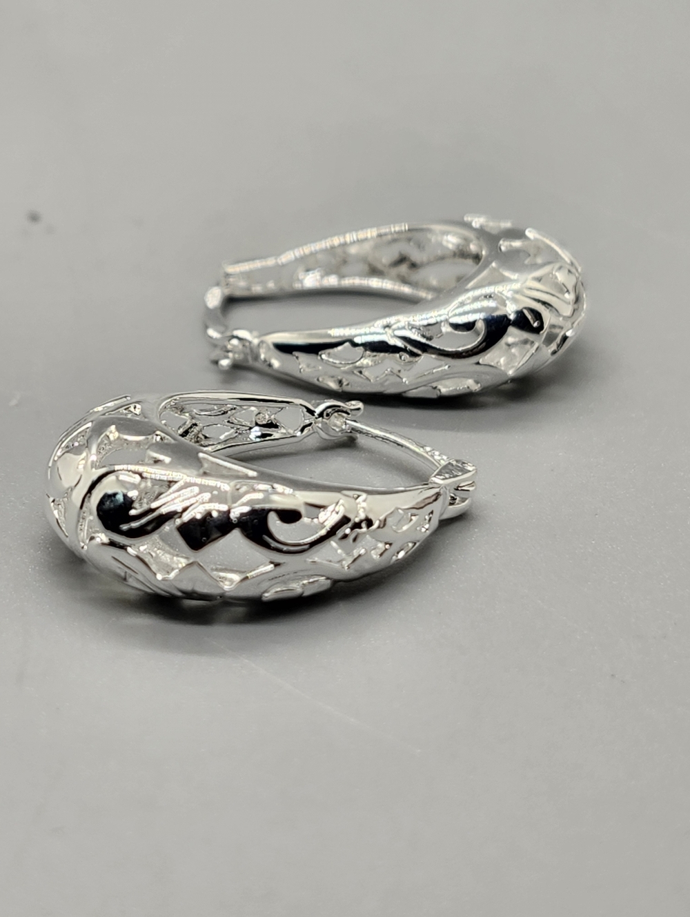 Sterling Silver Carved Hoop Earrings - Picture 4 of 12